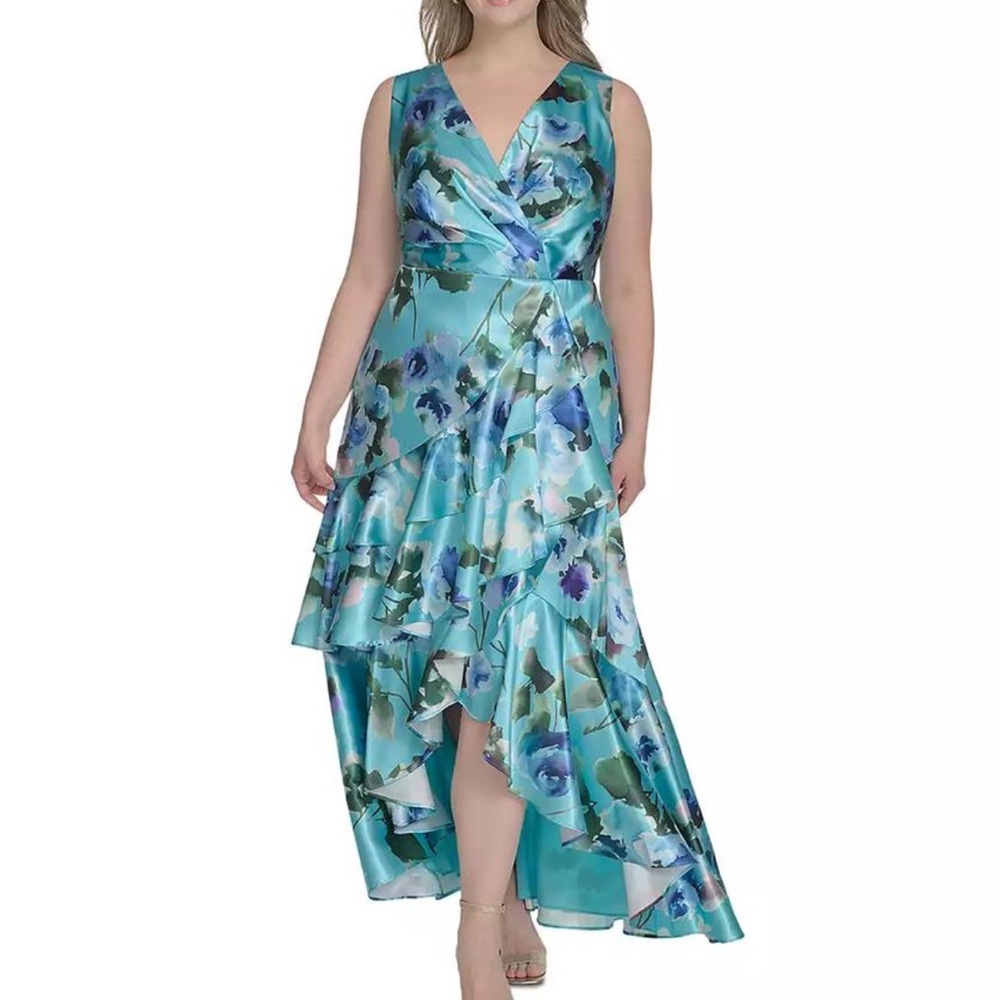 NWT Eliza J aqua floral satin high low ruffle hem surplice bodice dress